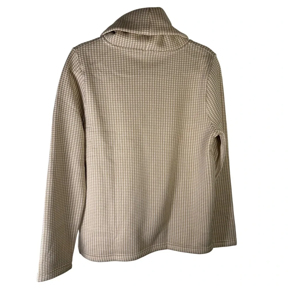 NWT J.Crew Womens Houndstooth Cowl Neck Fleece Lined Knit Top Tan White H1549 L - Picture 2 of 8